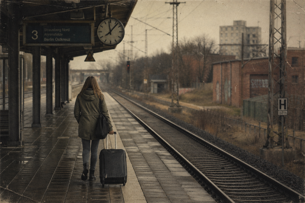 junge Frau mit Rollkoffer auf einem einsamen Bahnsteig