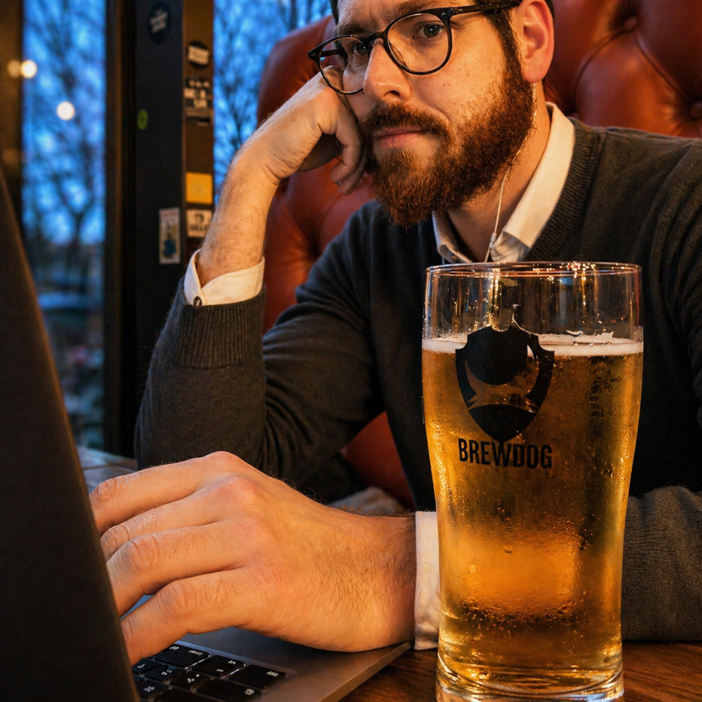 Mann arbeitet in einer Bar an seinem Laptop und trinkt dabei Bier.