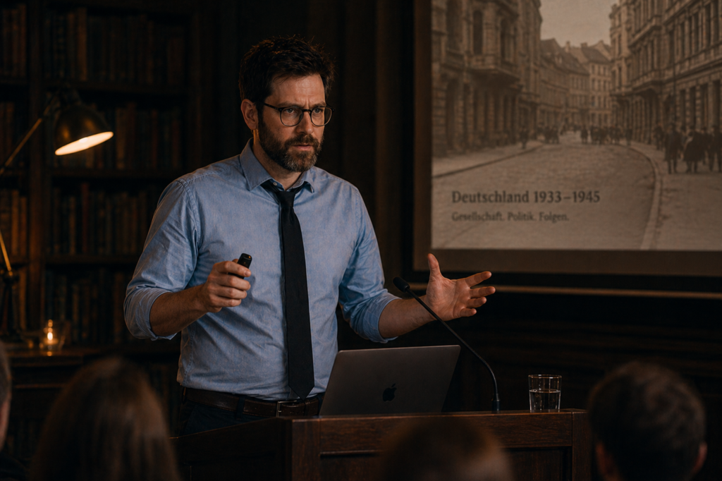 Attraktiver Herr hält Referat in einem Hörsaal
