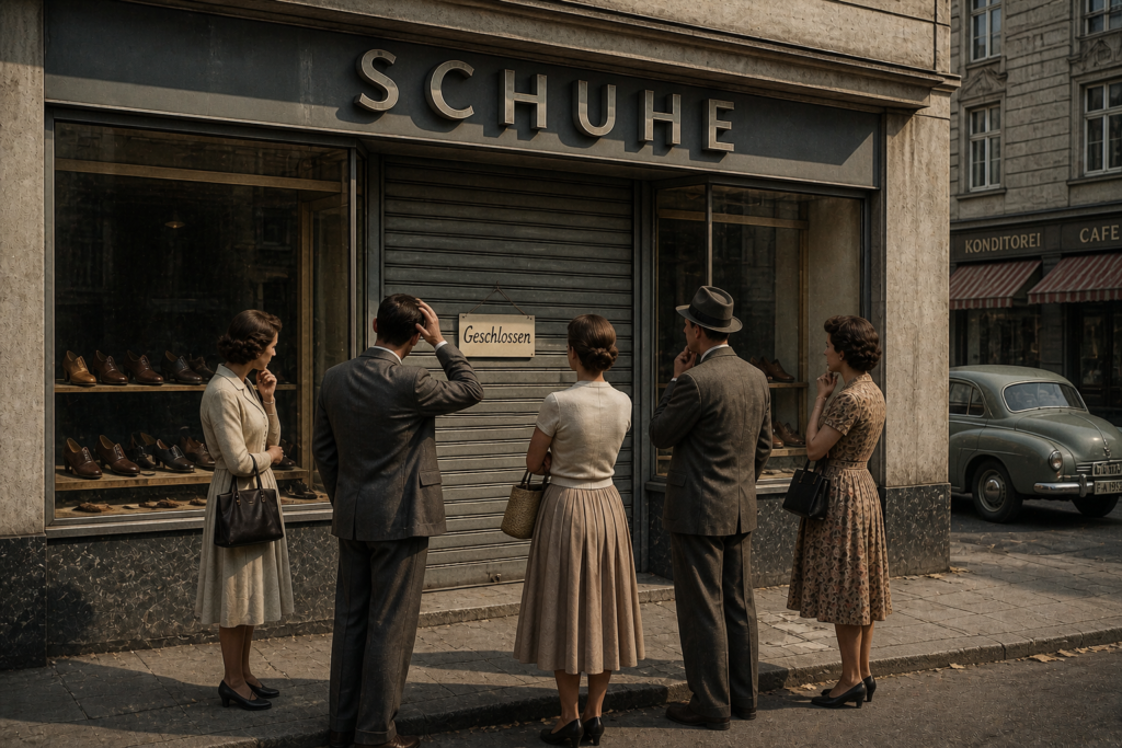 Eine Gruppe von Herren und Damen wartet ratlos vor einem geschlossenen Schuhgeschäft